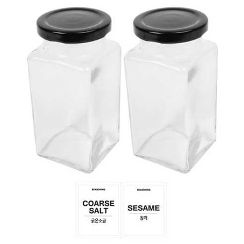 홈앤라이프 유리 양념통 사각 블랙캡 300g 2p 세트, 1세트, 유리 양념통 2p + 투명스티커 (굵은소금 + 참깨)