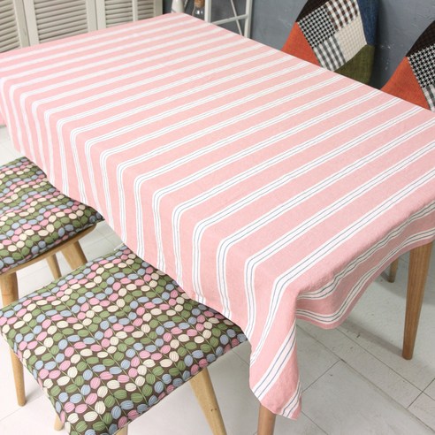 레브라이프 린넨 스트라이프 식탁보, 워싱 핑크 + 블루스트라이프, 6인용