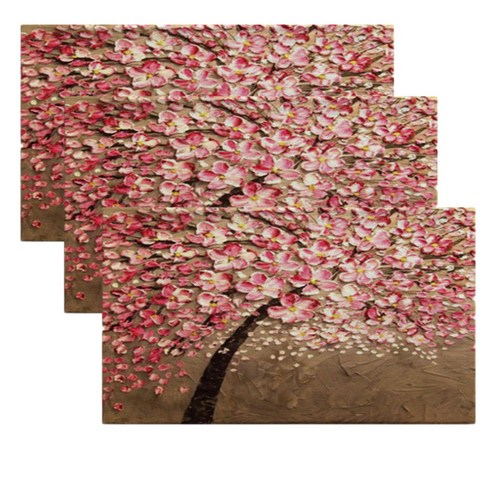 아리코 린넨 북유럽 유화 식탁 테이블 매트 3p, 나무꽃 브라운 + 핑크, 46 x 27 cm
