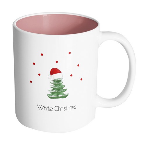 핸드팩토리 그린트리산타모자 화이트 크리스마스 머그컵, 내부 파스텔 핑크, 1개