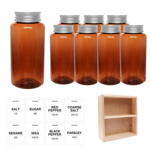홈앤라이프 양념통 세트, 1세트, 갈색원형PET양념통 알루미늄실버캡 200ml x 8p + 흰색 스티커 8종 + 사각 2단 선반
