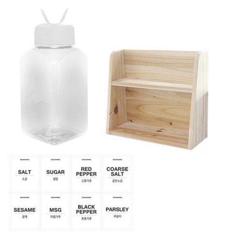 병도매닷컴 투명사각PET 양념통세트, 1세트, 투명사각PET양념통 200ml x 8p + 조미료흰색캡 8p + 라벨스티커 8p + 오픈 2단 선반