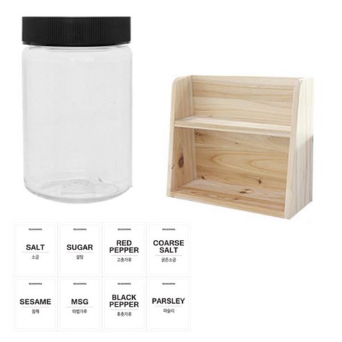 병도매닷컴 투명원형 PET 양념통세트, 1세트, 투명원형양념 250ml x 8p + 검정캡 8p + 라벨스티커 8p + 오픈 2단 선반