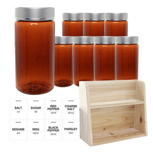 병도매닷컴 갈색 원형 PET 양념통 세트, 1세트, 갈색원형PET양녕통 350ml x 8p + 금색실버캡 8p + 라벨스티커 8p + 오픈 2단 선반