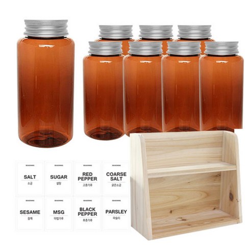 병도매닷컴 갈색 원형 PET 양념통 세트, 1세트, 갈색원형PET양념통 200ml x 8p + 알루미늄실버캡 8p + 라벨스티커 8p + 오픈2단 선반