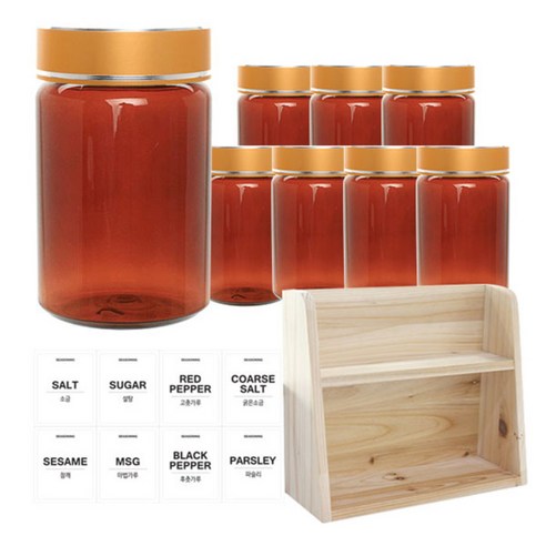 병도매닷컴 갈색 원형 PET 양념통 세트, 1세트, 갈색원형PET양녕통 250ml x 8p + 금속골드캡 8p + 라벨스티커 8p + 오픈 2단 선반