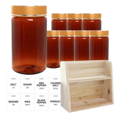 병도매닷컴 갈색 원형 PET 양념통 세트, 1세트, 갈색원형PET양녕통 300ml x 8p + 금속골드캡 8p + 라벨스티커 8p + 오픈 2단 선반