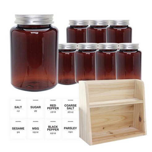 병도매닷컴 갈색 원형 PET 양념통 세트, 1세트, 갈색원형PET양녕통 250ml x 8p + 알루미늄실버캡 8p + 라벨스티커 8p + 오픈 2단 선반