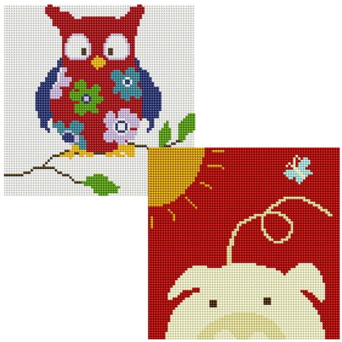 헬로페인팅 보석십자수 20x20 나무틀 꽃부엉이 2p 세트, 꽃부엉이, 돼지, 1세트