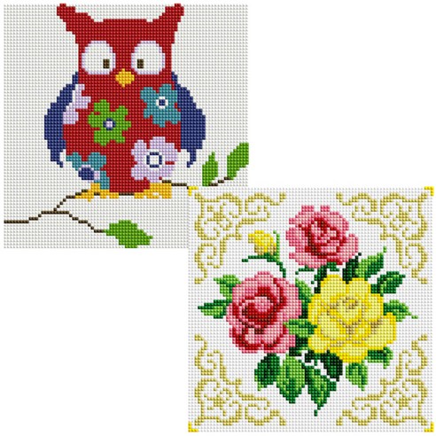 헬로페인팅 보석십자수 20x20 나무틀 꽃부엉이 2p 세트, 꽃부엉이, 장미, 1세트