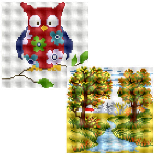 헬로페인팅 보석십자수 20x20 나무틀 꽃부엉이 2p 세트, 꽃부엉이, 냇가, 1세트