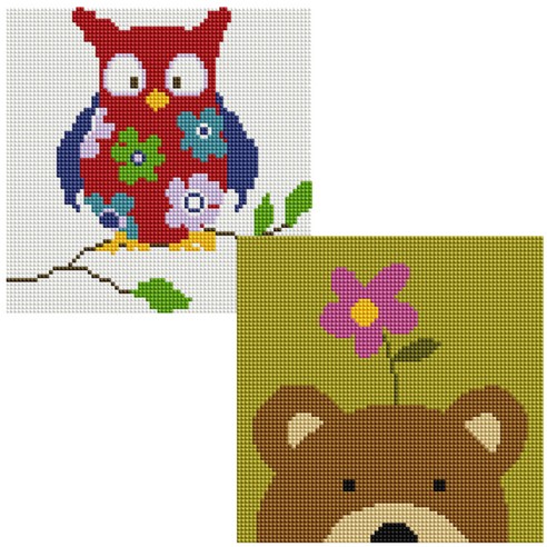 헬로페인팅 보석십자수 20x20 나무틀 꽃부엉이 2p 세트, 꽃부엉이, 꽃곰돌이, 1세트