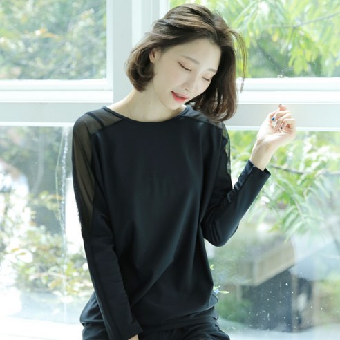 릿핏 여성용 가오리 망사 긴팔 래쉬가드 상의 LT0002, 블랙 + 망사