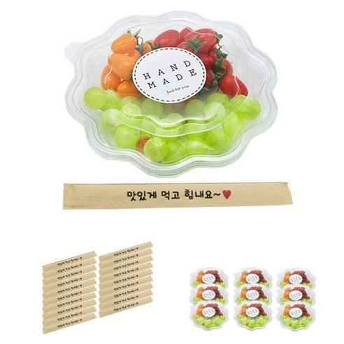 도나앤데코 꽃샐러드용기 투명 도시락 10p + 핸드메이드 빅원형 화이트스티커 10p + 크라프트 대나무젓가락 맛있게 먹고 힘내요 10p, 1세트