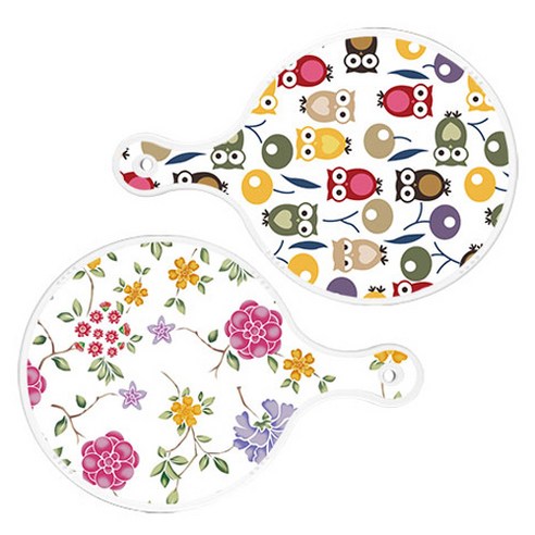 로엠디자인 서빙 원형 도마 보드 2p 부엉이 세트, 부엉이, 로맨틱레드floral화이트, 1세트