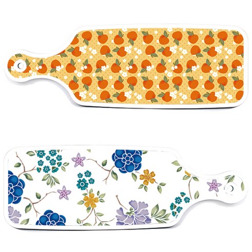로엠디자인 서빙 도마 보드 2p 로맨틱 블루 floral 화이트 세트, 로맨틱 블루 floral 화이트, 오렌지 복숭아, 1세트