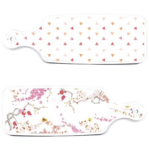 로엠디자인 서빙 도마 보드 2p 로맨틱연지색floral 세트, 로맨틱연지색floral, 행황색삼각패턴, 1세트