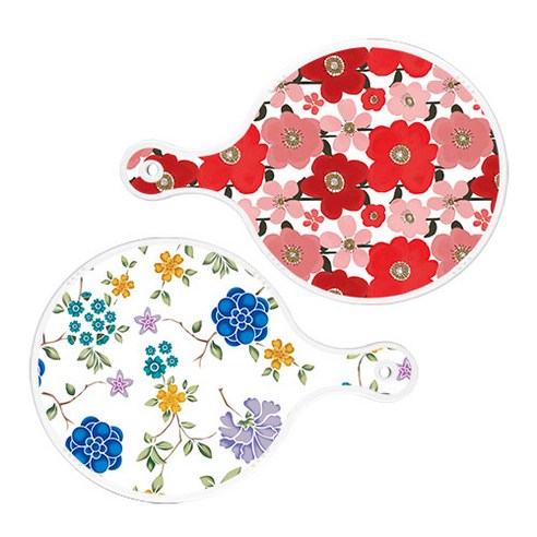 로엠디자인 서빙 도마 2p 붉은빛 동백원형 세트, 붉은빛동백원형, 로맨틱블루floral화이트보드원형, 1세트