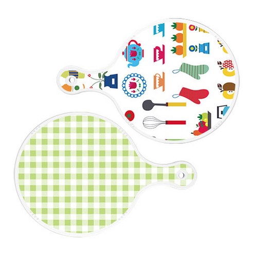 로엠디자인 서빙 원형 도마 보드 2p 클립아트과일 세트, 클립아트과일, 체크파스텔그린, 1세트