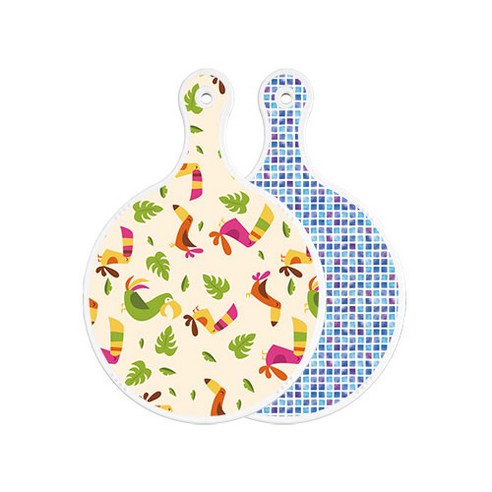 로엠디자인 양면 원형 서빙 도마 보드 구관조담황색, 블루타일, 1개