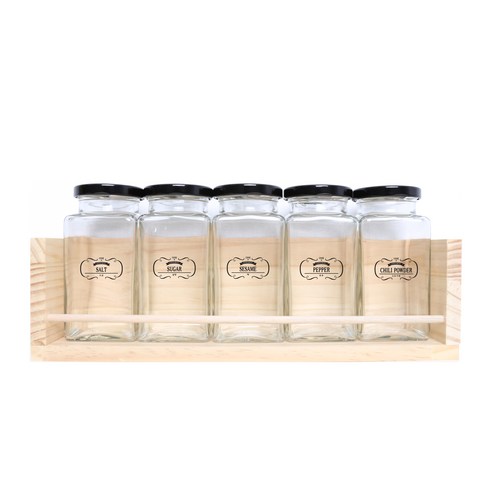핸드팩토리 양념통 사각 라지 5p + 1단 양념통 우드선반 + 라벨, 1세트, 양념통 블랙캡 5p + 우드선반 + 패턴라인 라벨