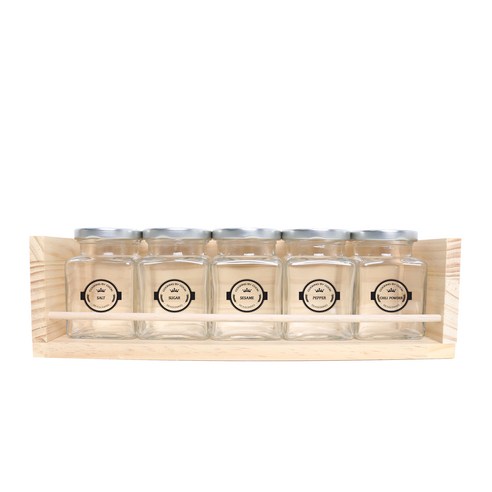 핸드팩토리 양념통 사각 스몰 5p + 1단 양념통 우드선반 + 라벨, 1세트, 양념통 실버캡 5p + 우드선반 + 크라운 라벨