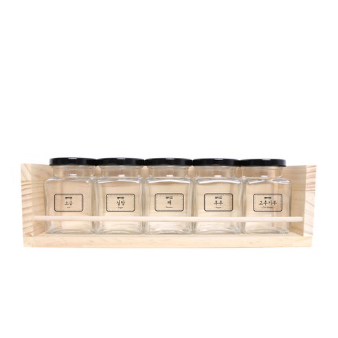 핸드팩토리 양념통 사각 스몰 5p + 1단 양념통 우드선반 + 라벨, 1세트, 양념통 블랙캡 5p + 우드선반 + 도트라인 라벨