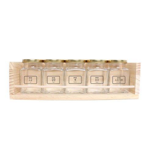 핸드팩토리 양념통 사각 스몰 5p + 1단 양념통 우드선반 + 라벨, 1세트, 양념통 골드캡 5p + 우드선반 + 도트라인 라벨