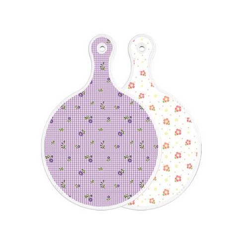로엠디자인 양면 원형 서빙도마 보라플라워체크, 훈색나팔꽃화이트, 1개