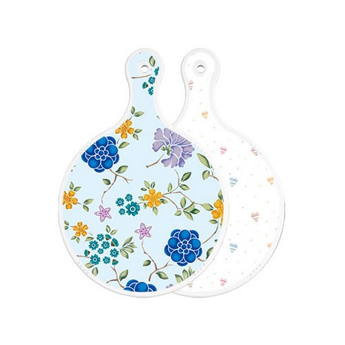 로엠디자인 양면 원형 서빙 도마 보드 로맨틱블루floral비색, 라인하트, 1개