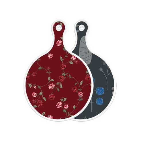 로엠디자인 양면 원형 서빙도마 보드 장미적색, 감색나무라인, 1개