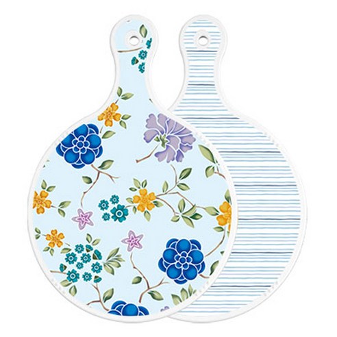 로엠디자인 양면 원형 서빙 도마 보드 로맨틱블루floral비색, 삼청색라인, 1개