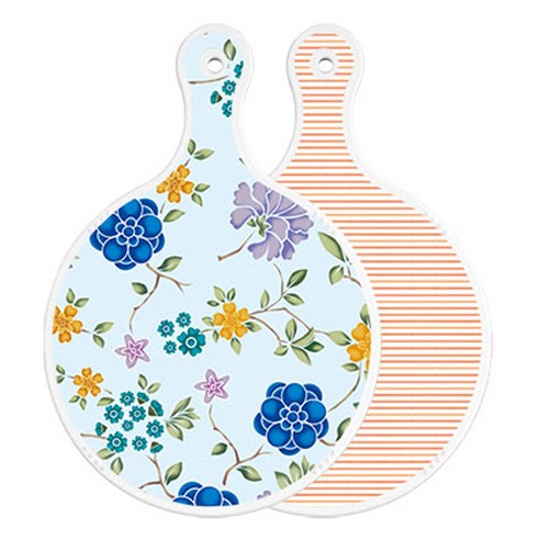 로엠디자인 양면 원형 서빙 도마 보드 로맨틱블루floral비색, 주홍라인, 1개