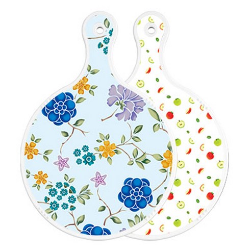로엠디자인 양면 원형 서빙 도마 보드 로맨틱블루floral비색, 사과씨, 1개
