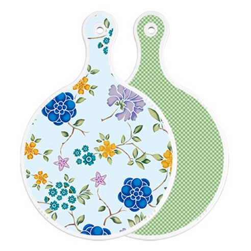 로엠디자인 양면 원형 서빙 도마 보드 로맨틱블루floral비색, 초록색체크, 1개