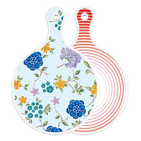 로엠디자인 양면 원형 서빙 도마 보드 로맨틱블루floral비색, 고기라인레드, 1개