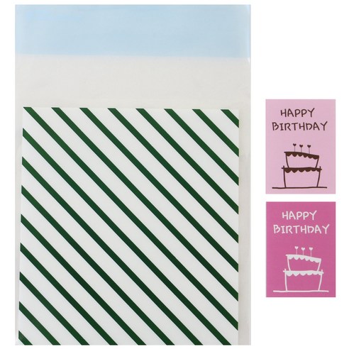 황씨네도시락 접착 스트라이프 봉투 그린 30p + 스티커 케이크 생일 핑크 30p, 1세트