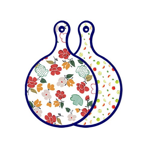 로엠디자인 블루에디션 양면 디자인 원형 서빙도마 floral목련패턴, 사과씨, 1개