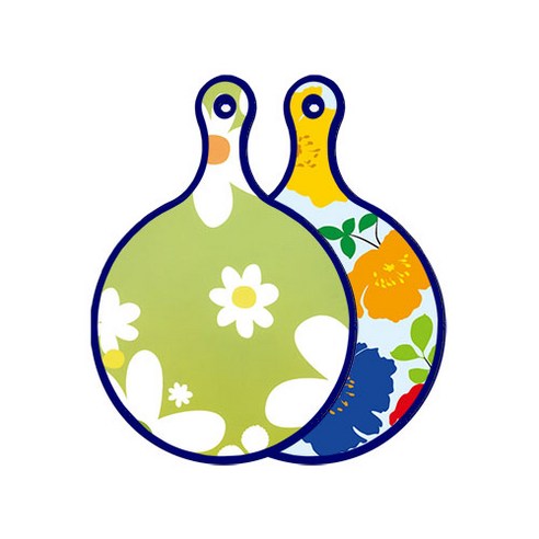 로엠디자인 블루에디션 양면 원형 서빙 도마 floral design하얀개나리, 국화블루옥색, 1개