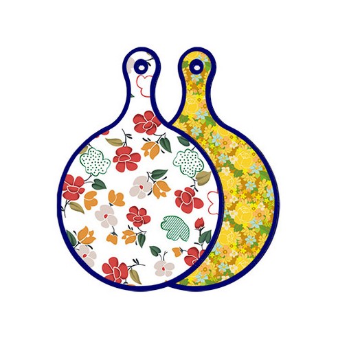 로엠디자인 블루에디션 양면 디자인 원형 서빙도마 floral목련패턴, 노란장미넝쿨, 1개