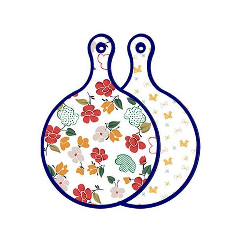 로엠디자인 블루에디션 양면 디자인 원형 서빙도마 floral목련패턴, 리본, 1개