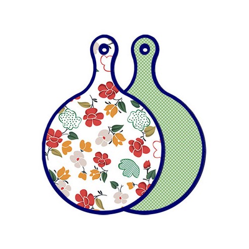 로엠디자인 블루에디션 양면 디자인 원형 서빙도마 floral목련패턴, 초록색체크, 1개