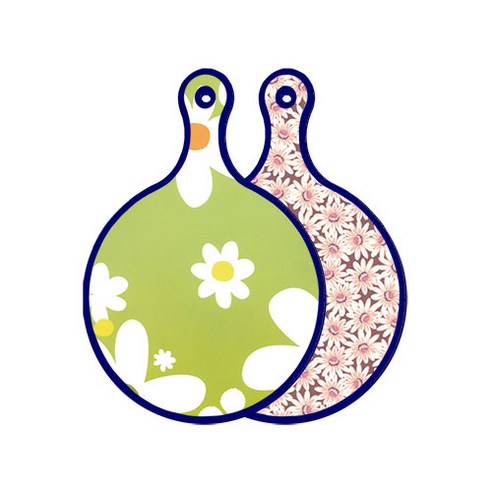 로엠디자인 블루에디션 양면 원형 서빙 도마 floral design하얀개나리, 자색플라워패턴, 1개