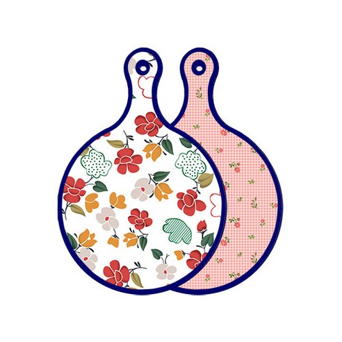 로엠디자인 블루에디션 양면 디자인 원형 서빙도마 floral목련패턴, 핑크플라워체크, 1개
