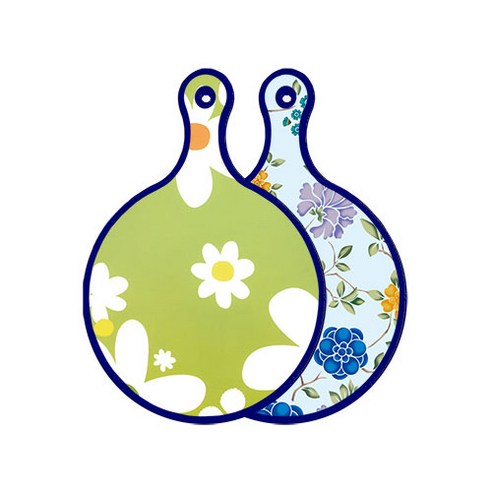 로엠디자인 블루에디션 양면 원형 서빙 도마 floral design하얀개나리, 로맨틱블루floral비색, 1개