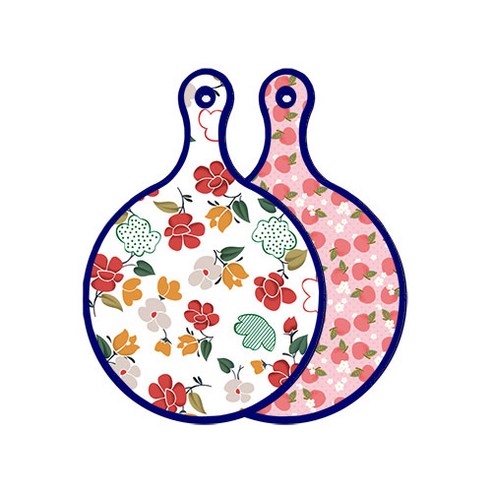 로엠디자인 블루에디션 양면 디자인 원형 서빙도마 floral목련패턴, 핑크복숭아, 1개