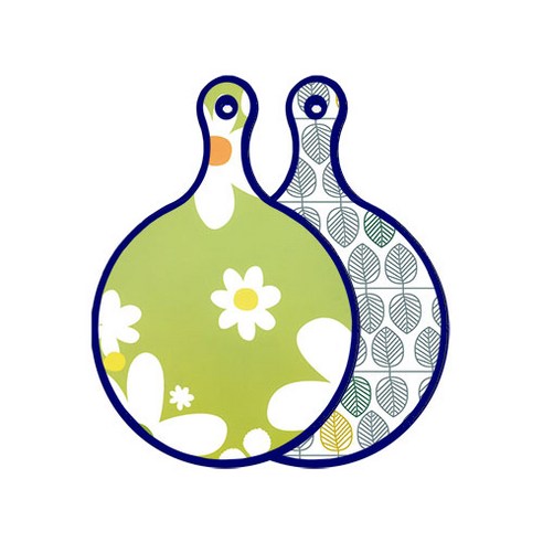 로엠디자인 블루에디션 양면 원형 서빙 도마 floral design하얀개나리, 나뭇잎패턴, 1개