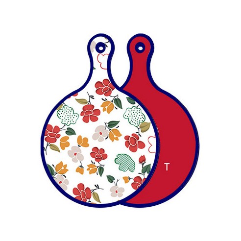 로엠디자인 블루에디션 양면 디자인 원형 서빙도마 floral목련패턴, 미트레드, 1개