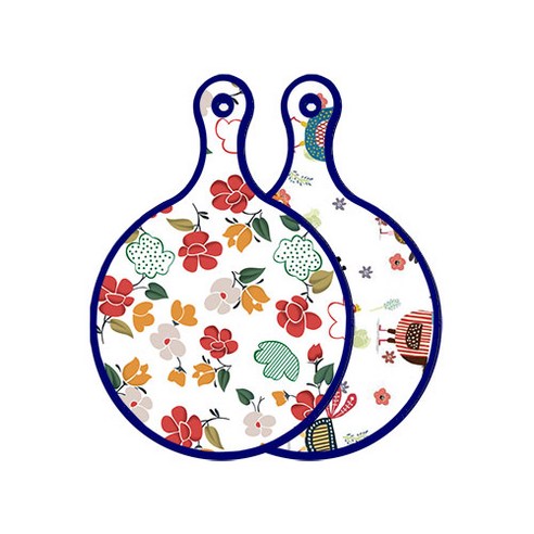 로엠디자인 블루에디션 양면 디자인 원형 서빙도마 floral목련패턴, 닭패턴, 1개