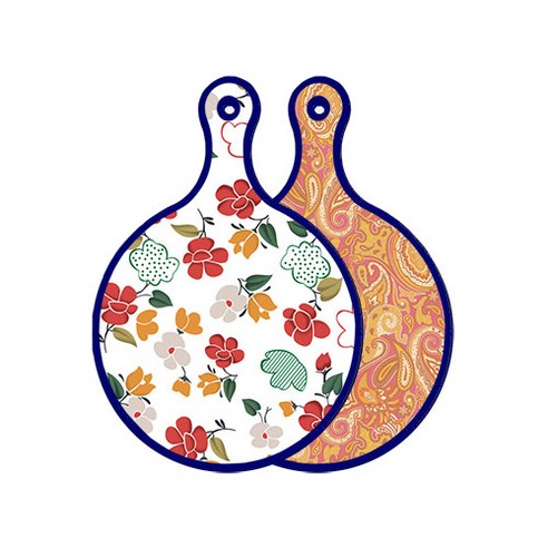 로엠디자인 블루에디션 양면 디자인 원형 서빙도마 floral목련패턴, 적황색라인아트, 1개